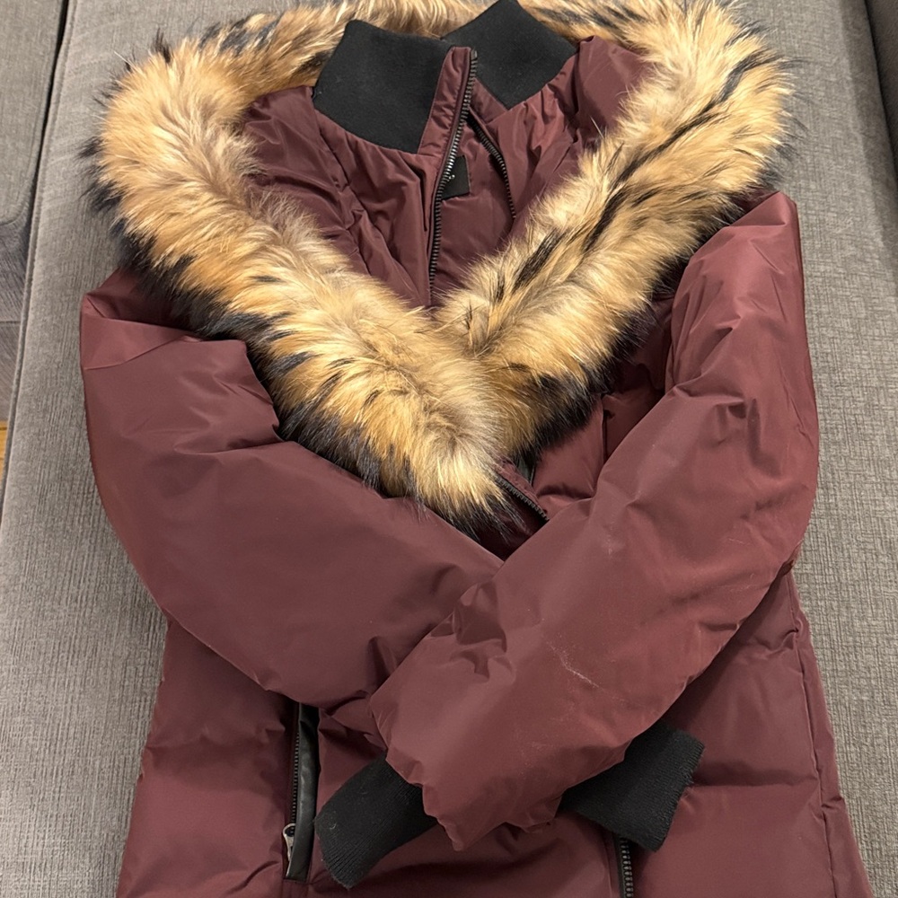 Mackage Maroon Puffer Coat with Faux Fur Trim